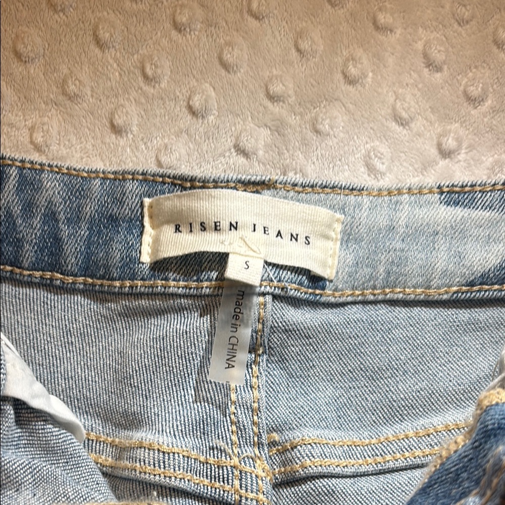 Blue Distressed Jean Shorts with Raw Hem - Picture 2 of 3